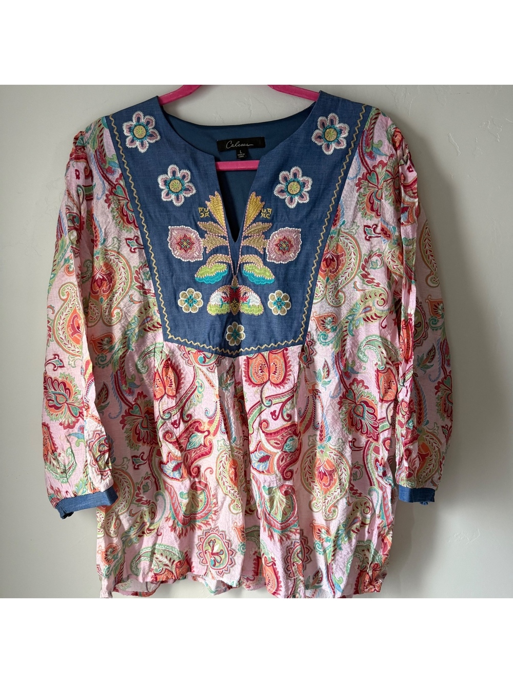 Calessa Embroidered 3/4 Sleeve Blouse Floral Paisley | L